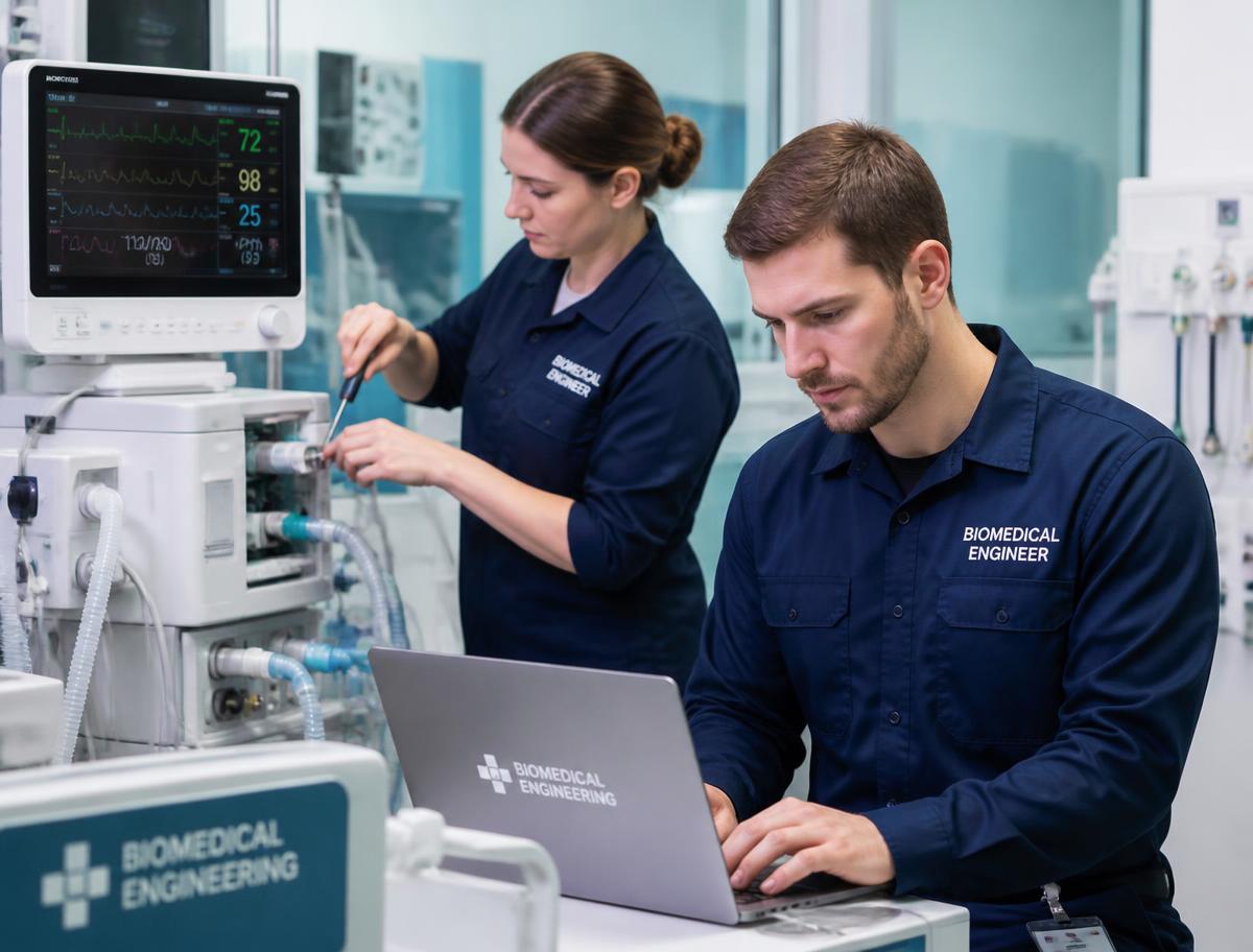 Biomedical engineers servicing hospital equipment