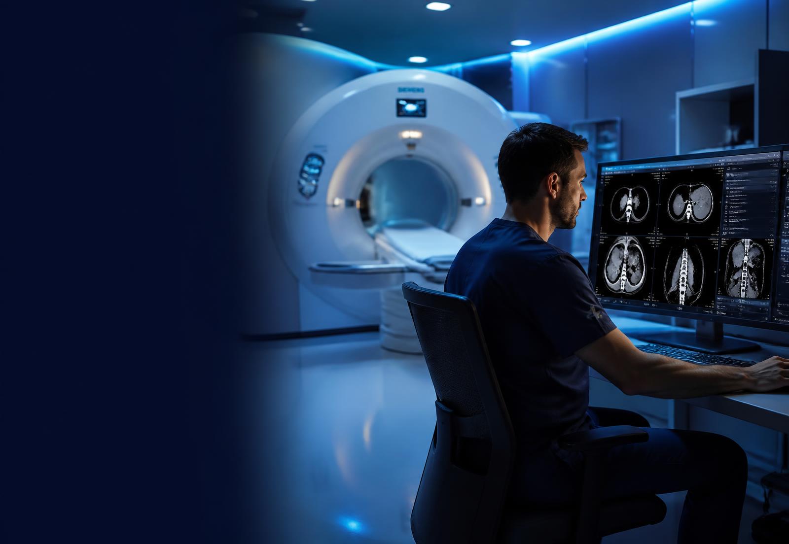 Biomedical engineer reviewing diagnostic imaging in a hospital scanner suite